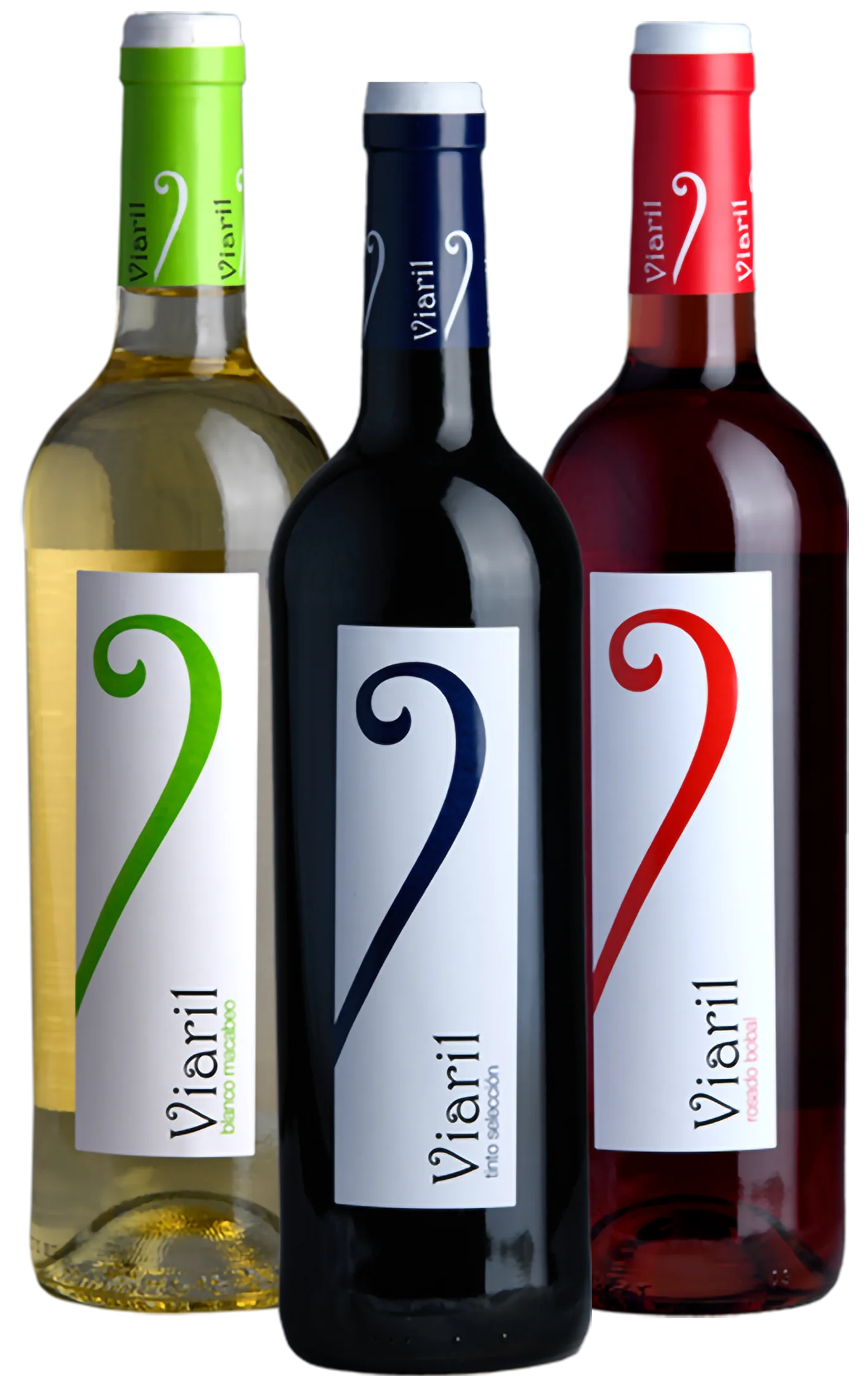 Las tres botellas de vino de Viaril jóvenes, vino blanco macabeo, rosado bobal y cabernet sauvignon.